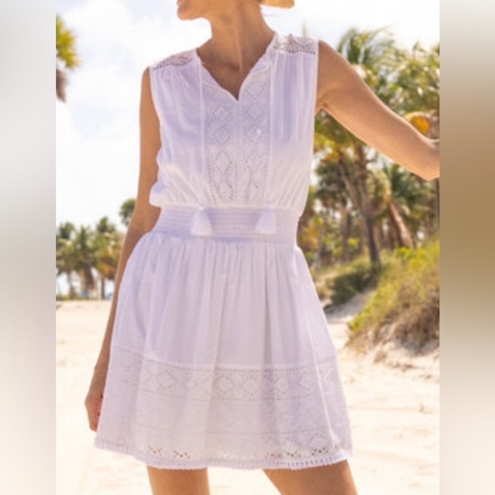 CABANA LIFE UPF 50+ White Eyelet Sleeveless 100% cotton Mini SPF Dress Sz Medium